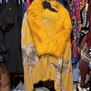 Yellow Faux Fur Trim Floral Kimono Cardigan